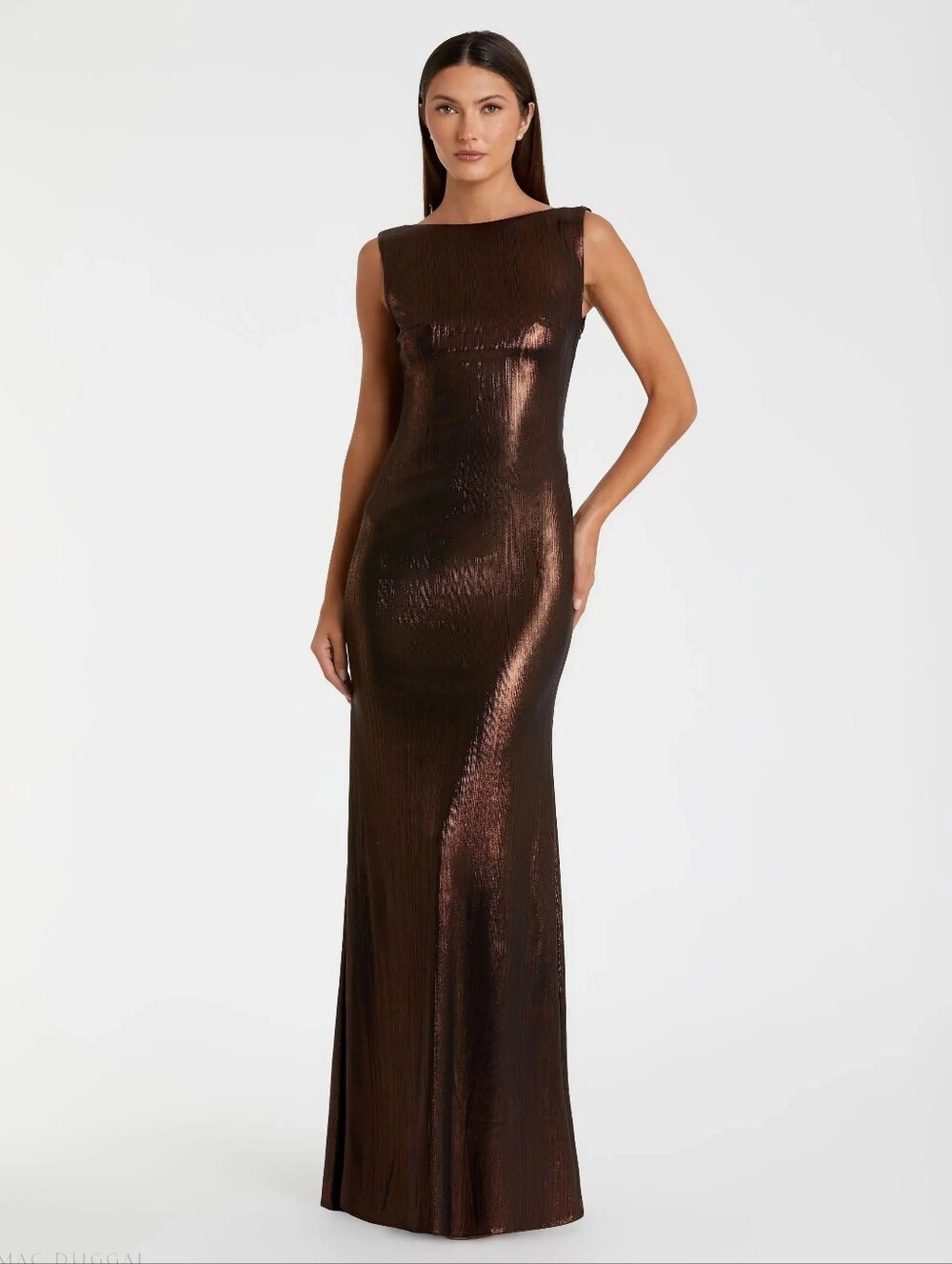 Ieena for Mac Duggal - Brown Metallic Jersey Cowl Back Column Gown NWT